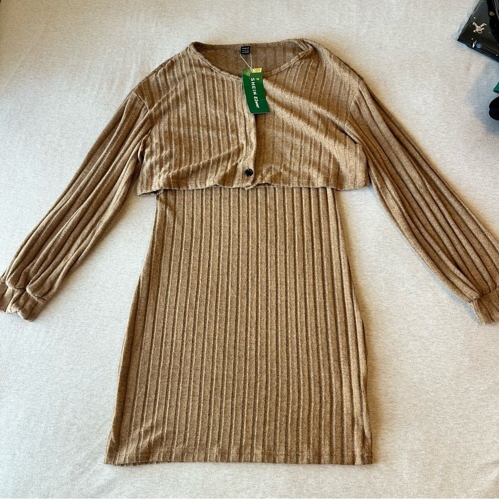 SHEIN Tan Ribbed Mini Dress - Picture 1 of 4